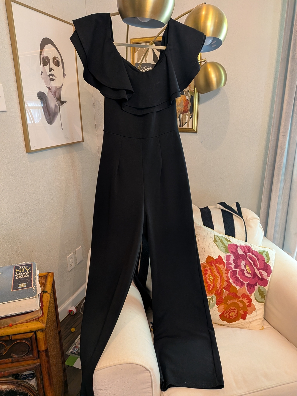 Black Ruffle-Detail Wide-Leg Jumpsuit